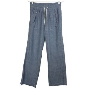 Athleta Women's Wide‎ Leg Linen Blend Pants 4 Blue Drawstring Zippers Pockets